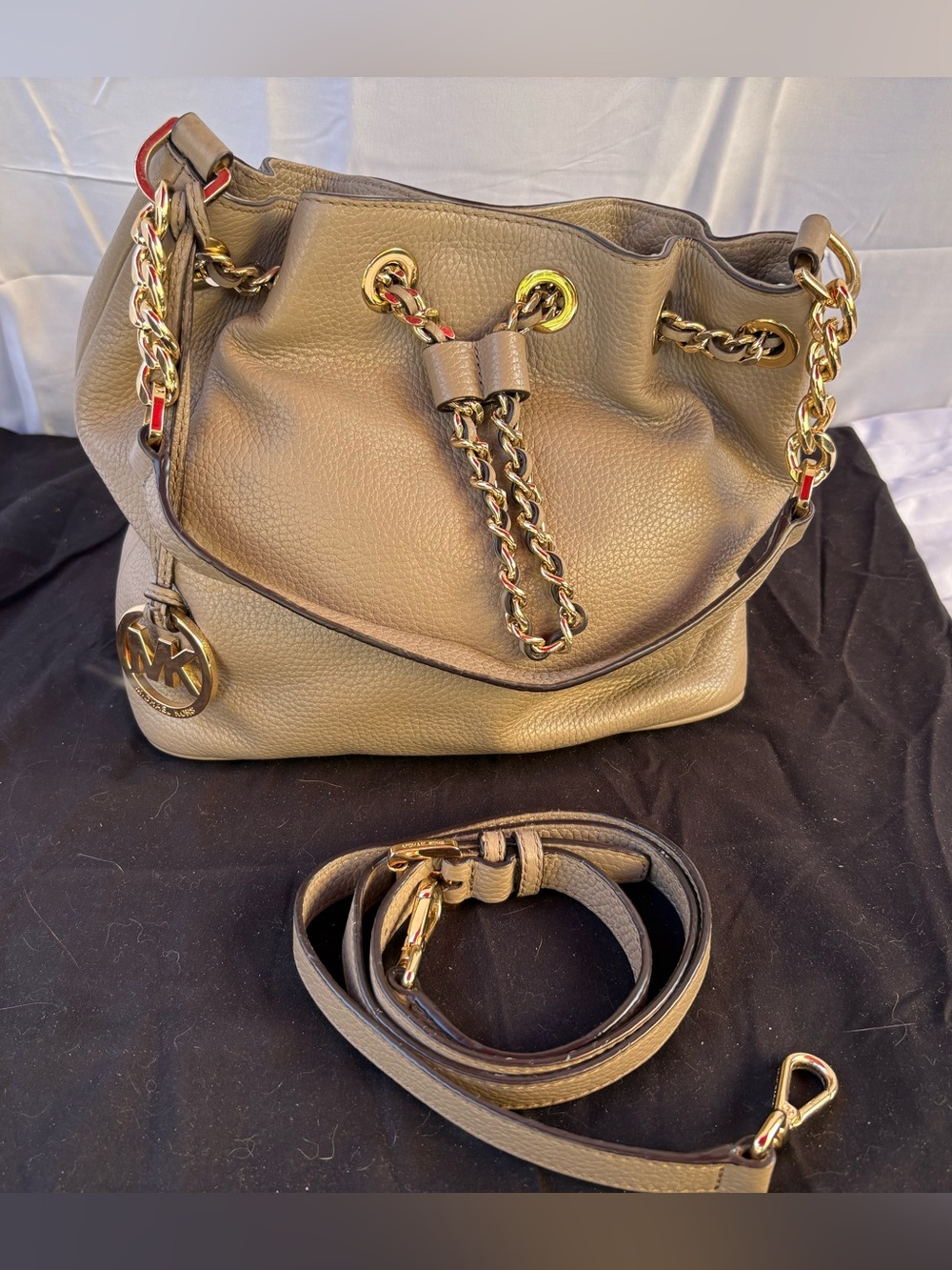 Michael Kors Taupe Pebbled Leather Chain-Detail Drawstring Bucket Bag